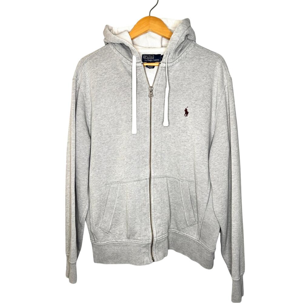 Polo Ralph Lauren Vintage 90s Y2K Thermal Hood Zip Front Sweatshirt Gray L